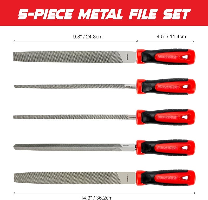 Max Power 10-inch Metal File Set, 5 Pieces Hand Files Including Flat, Round, Half-Round, Triangle and Square, Soft Grip Handle, File Set for Wood, Metal Work and DIY - Image 2